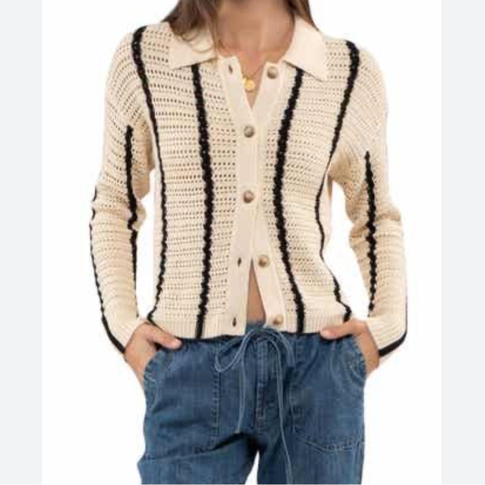 Blu Pepper NWT Back Tie Open Stitch Collared Long Sleeve 100% Cotton Sweater - Picture 7 of 13